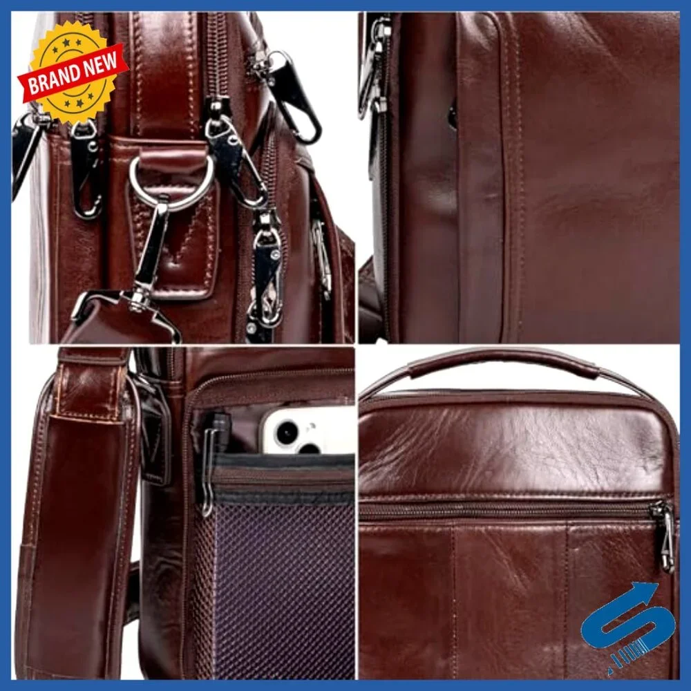 Genuine Leather Messenger Bag, Adjustable Strap, 6 Pockets, Travel Organizer